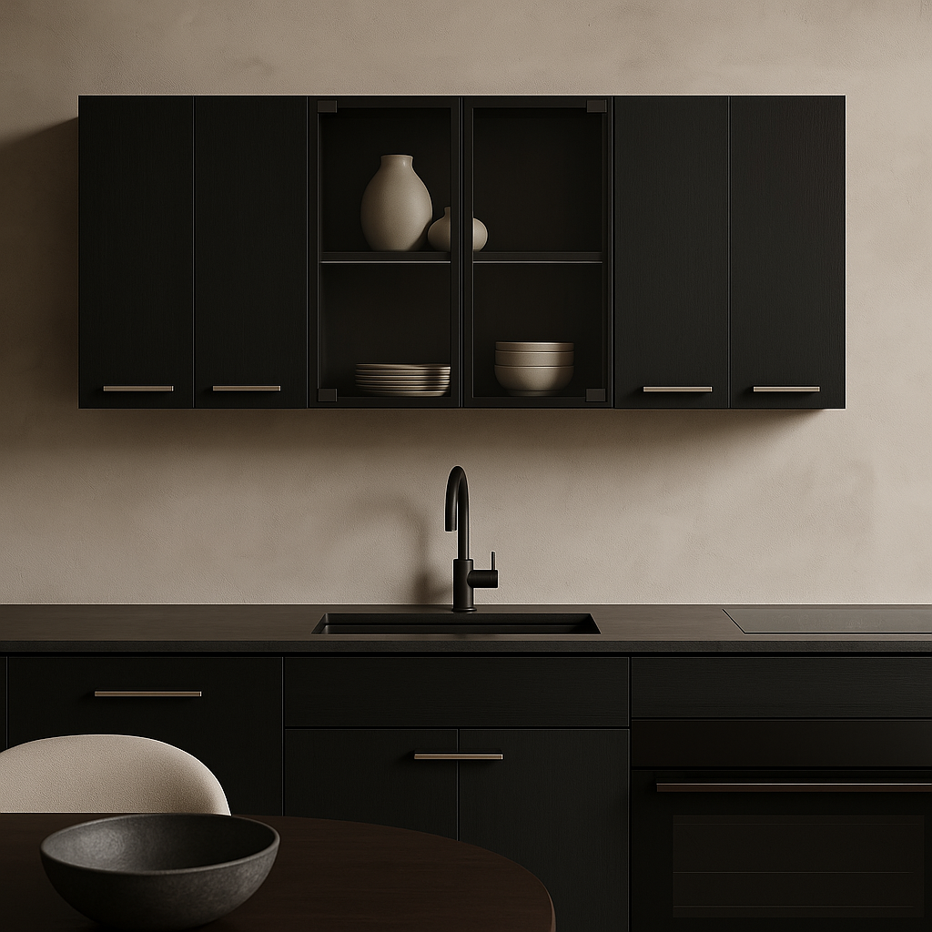 Amucolo Black Wood Wall Kitchen Cabinet with Glass Doors - 59 in. W x 12.4 in. D x 23.6 in. H