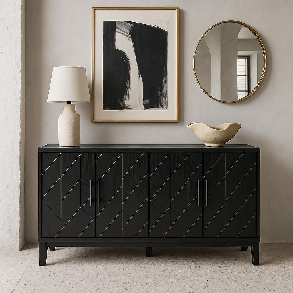 Runesay Black Retro Kitchen Cabinet Sideboard - 60 in. W x 16 in. D x 33 in. H