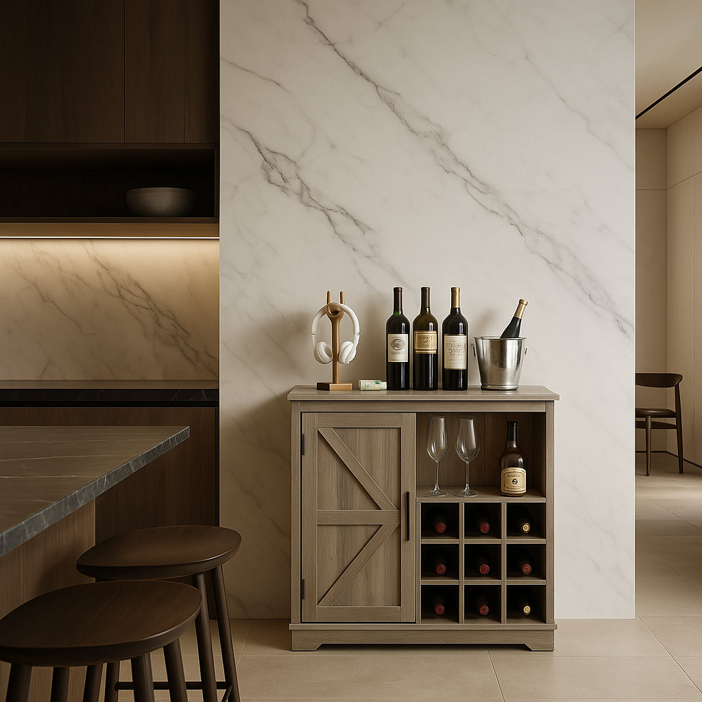 FUNKOL Gray MDF Sideboard with Barn Wood Cabinet Door and Wine Racks