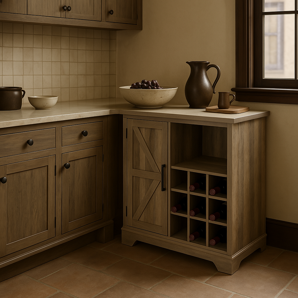 FUNKOL Gray MDF Sideboard with Barn Wood Cabinet Door and Wine Racks