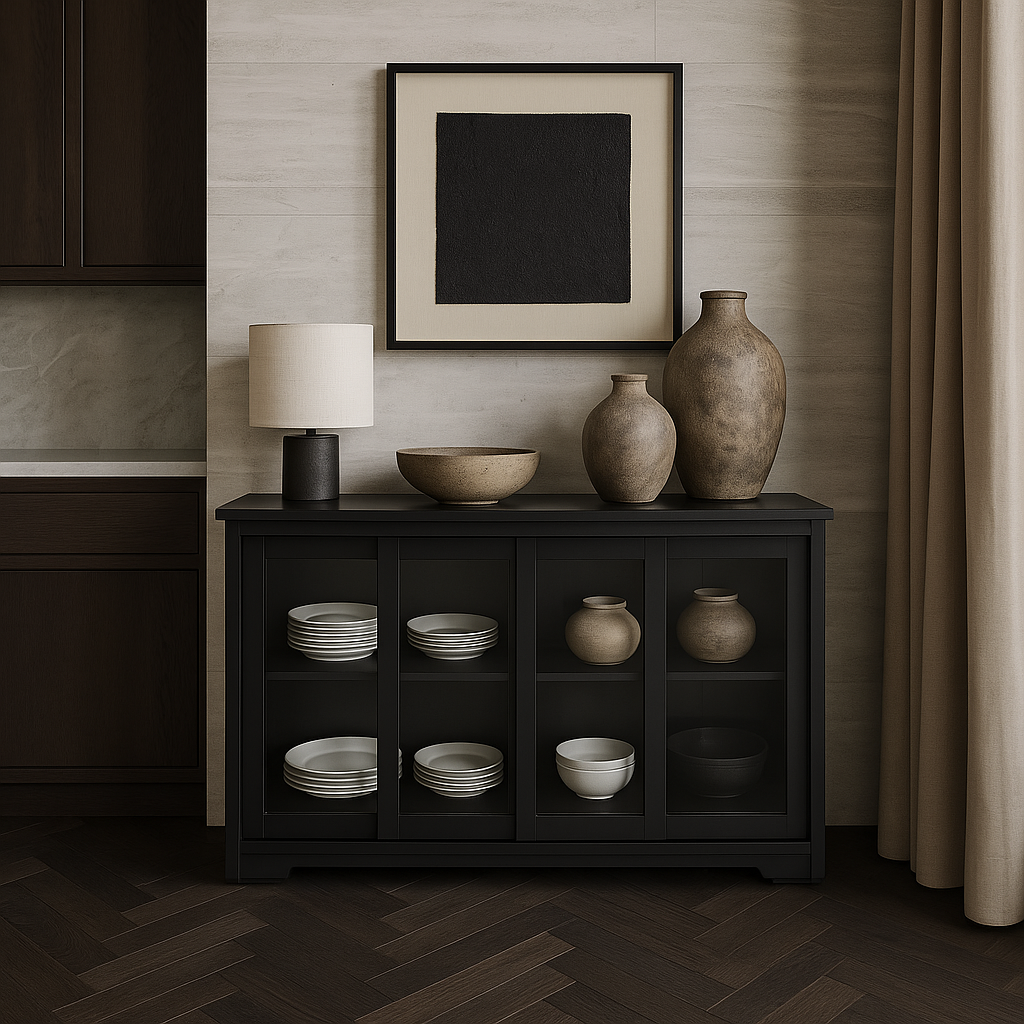Tileon Black Kitchen Storage Cabinet Stand Cupboard With Glass Door