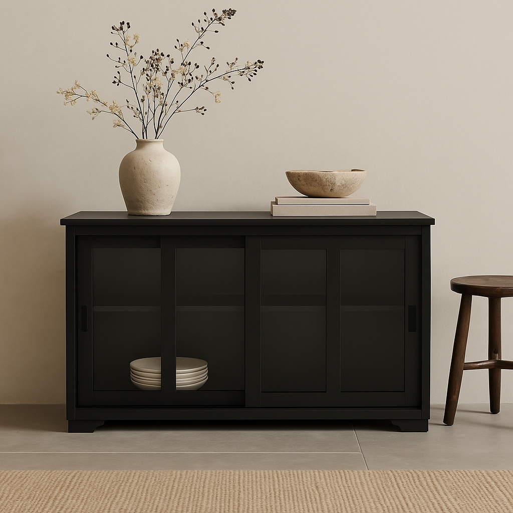 Tileon Black Kitchen Storage Cabinet Stand Cupboard With Glass Door