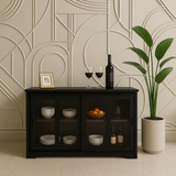 Tileon Black Kitchen Storage Cabinet Stand Cupboard With Glass Door