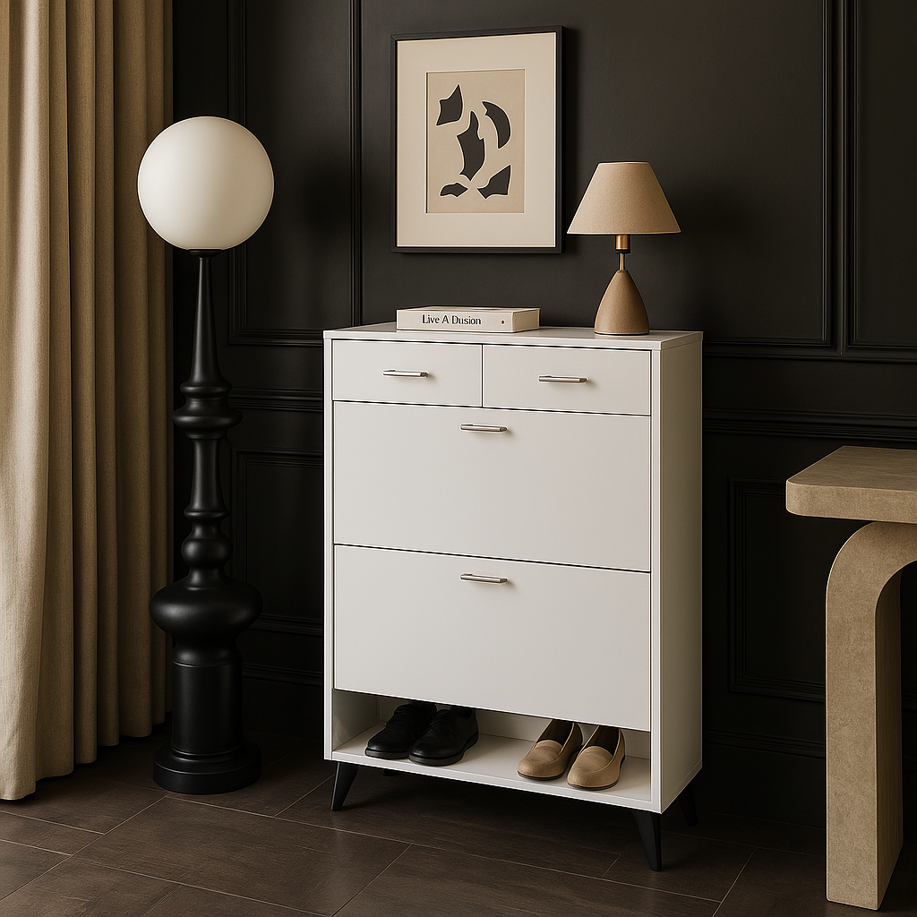 FUNKOL Freestanding Flip-Flop Shoe Cabinet in White MDF with 2 Flip-Flop Drawers and 2 Drawers