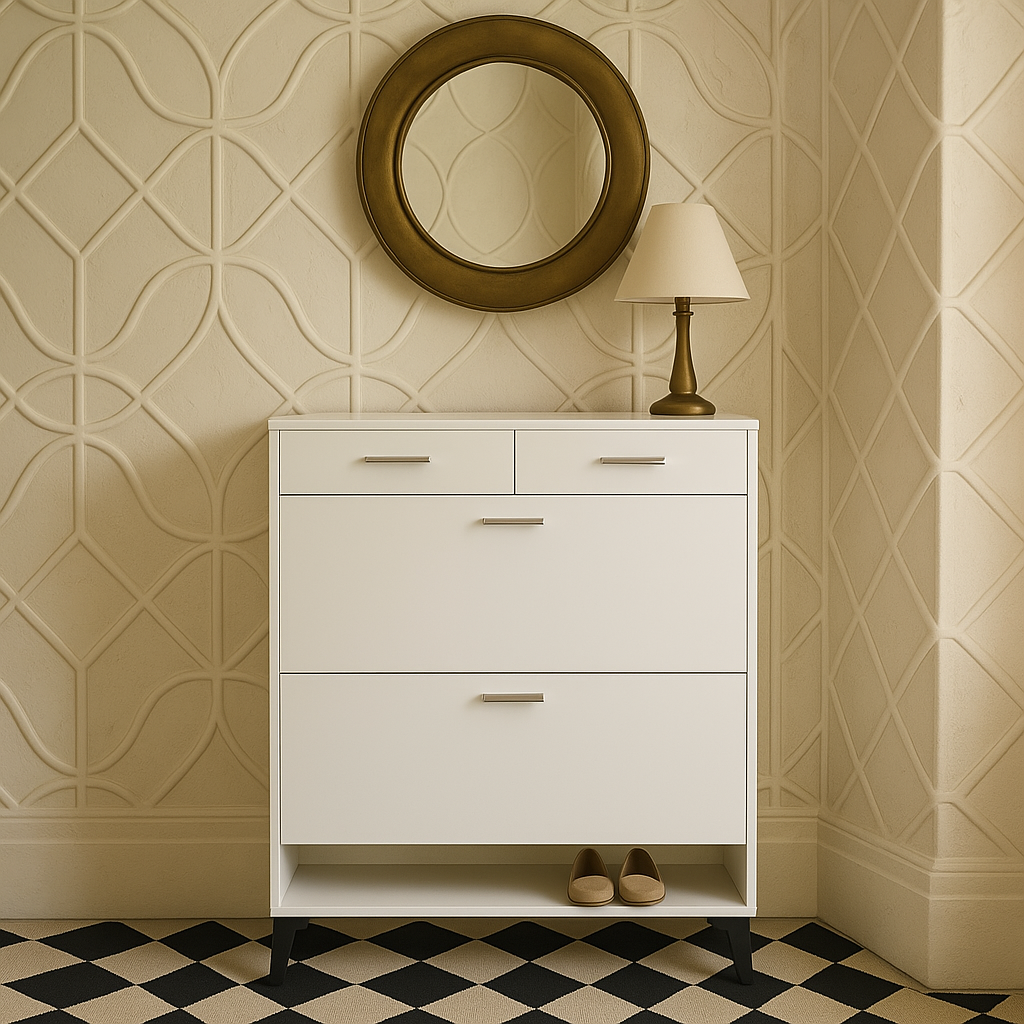 FUNKOL Freestanding Flip-Flop Shoe Cabinet in White MDF with 2 Flip-Flop Drawers and 2 Drawers