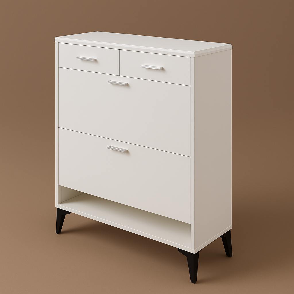 FUNKOL Freestanding Flip-Flop Shoe Cabinet in White MDF with 2 Flip-Flop Drawers and 2 Drawers