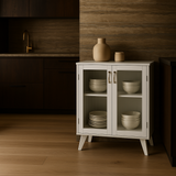 FUNKOL White Particleboard Kitchen Cabinet with Glass Doors and Adjustable Shelves