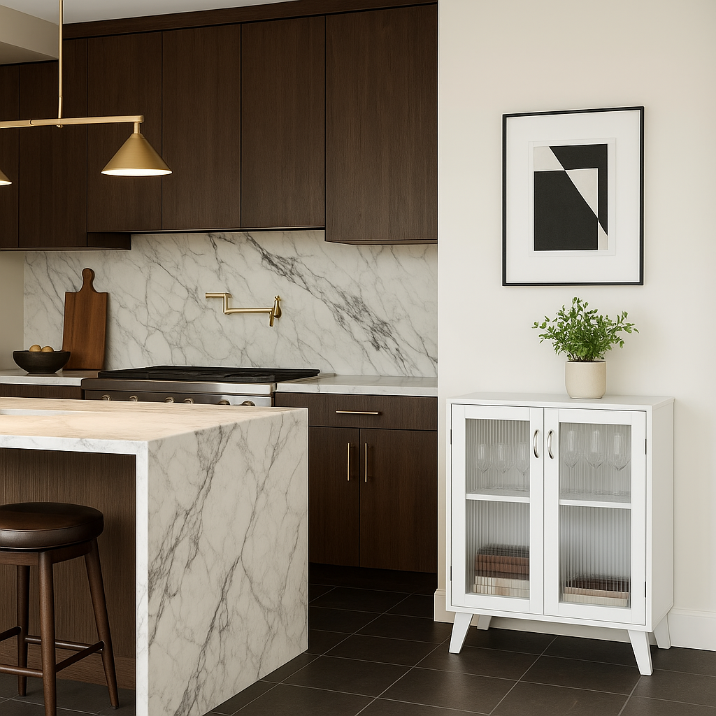 FUNKOL White Particleboard Kitchen Cabinet with Glass Doors and Adjustable Shelves