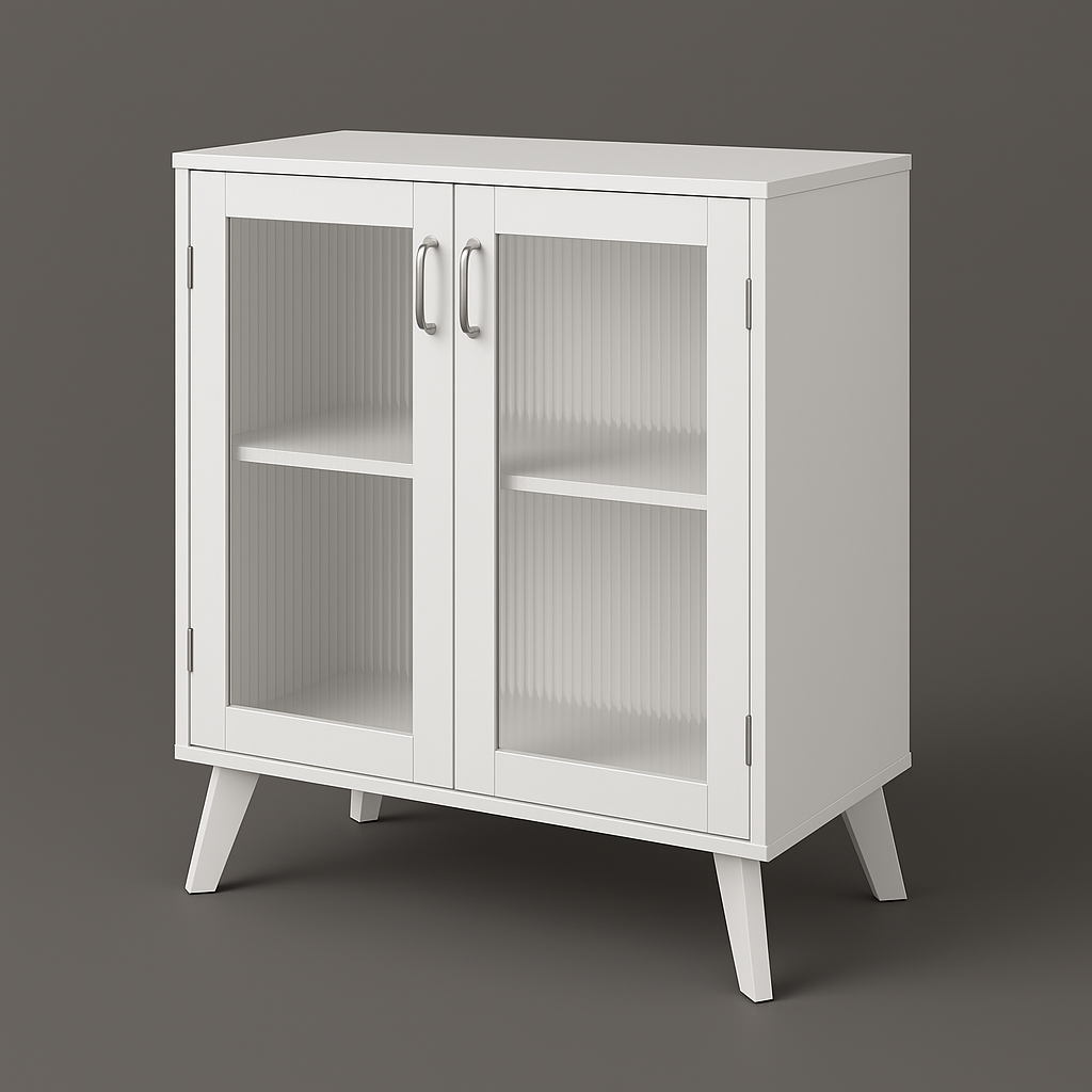 FUNKOL White Particleboard Kitchen Cabinet with Glass Doors and Adjustable Shelves