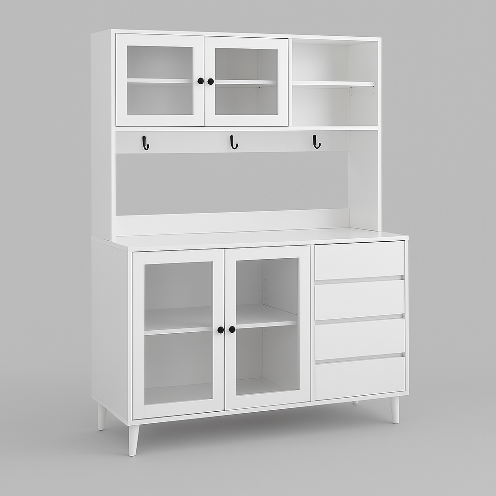 JUJABU White Kitchen Pantry Cabinet with 4 Drawers, 63 in. W x 9 in. D x 74.8 in. H