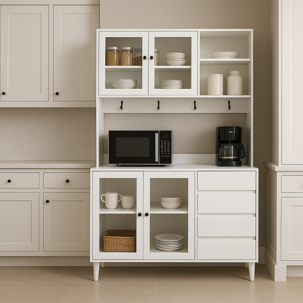 JUJABU White Kitchen Pantry Cabinet with 4 Drawers, 63 in. W x 9 in. D x 74.8 in. H
