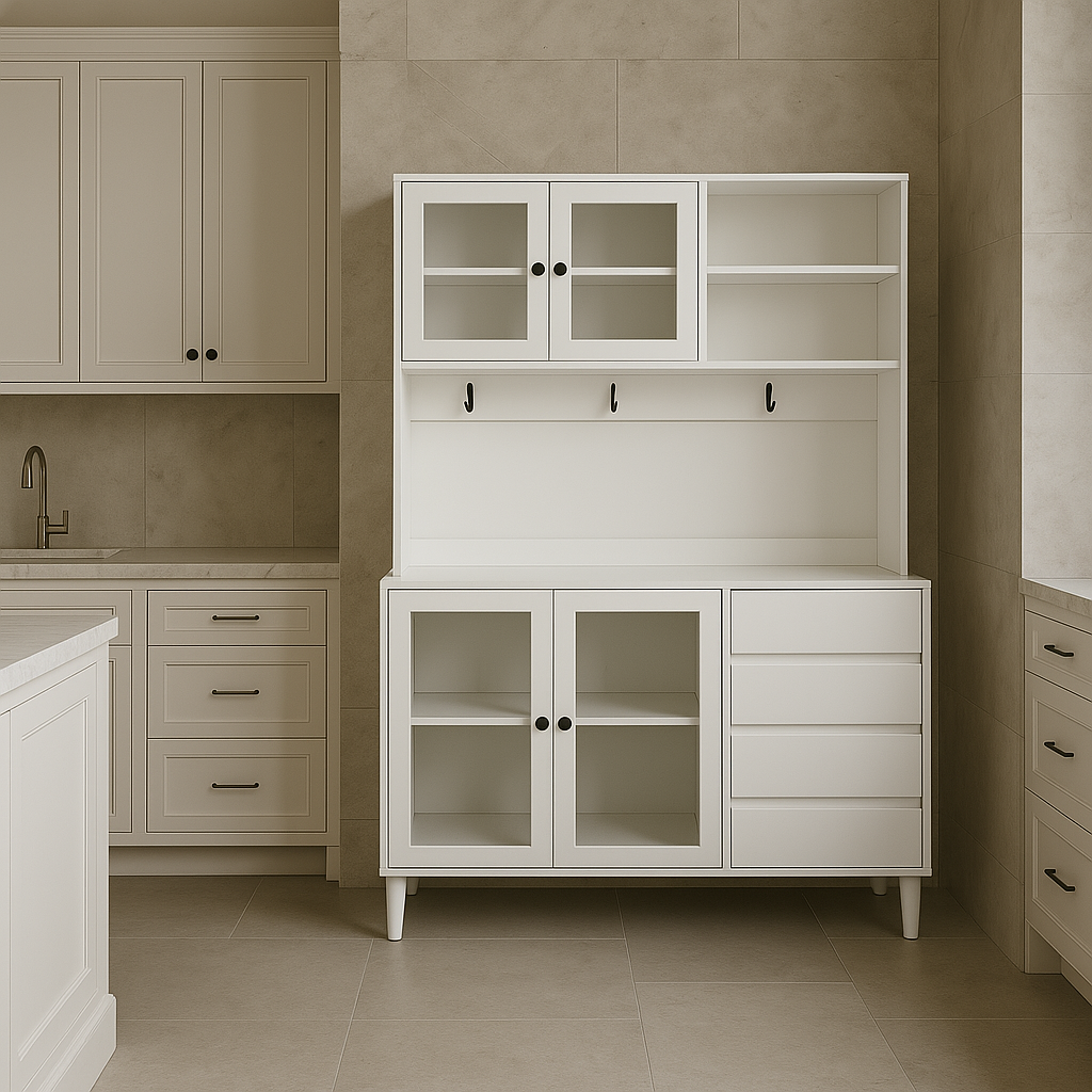 JUJABU White Kitchen Pantry Cabinet with 4 Drawers, 63 in. W x 9 in. D x 74.8 in. H