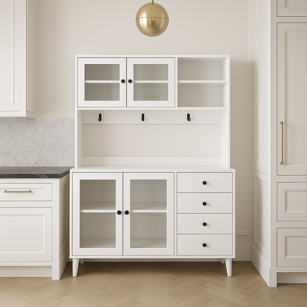 JUJABU White Kitchen Pantry Cabinet with 4 Drawers, 63 in. W x 9 in. D x 74.8 in. H
