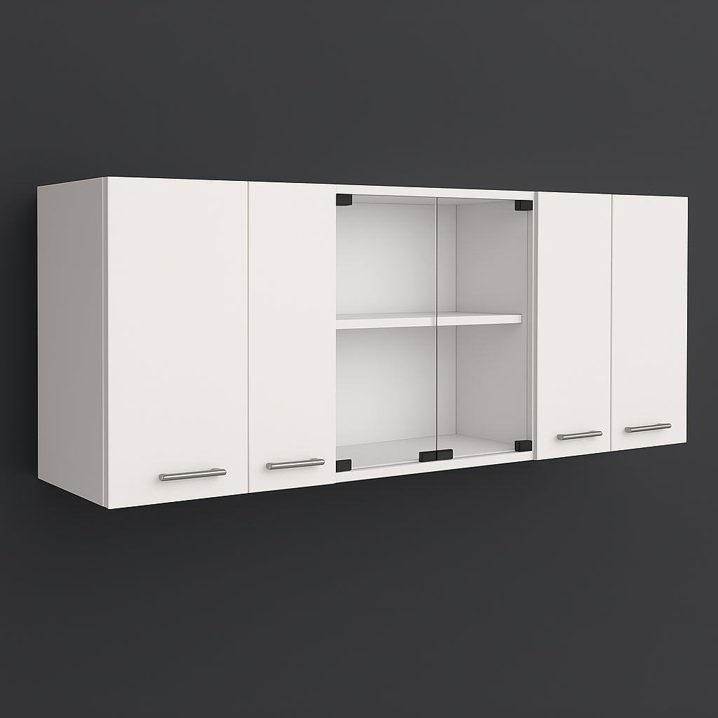 Unbranded White Plywood Kitchen Cabinet with Glass Center - 59-in W x 12.4-in D x 24-in H