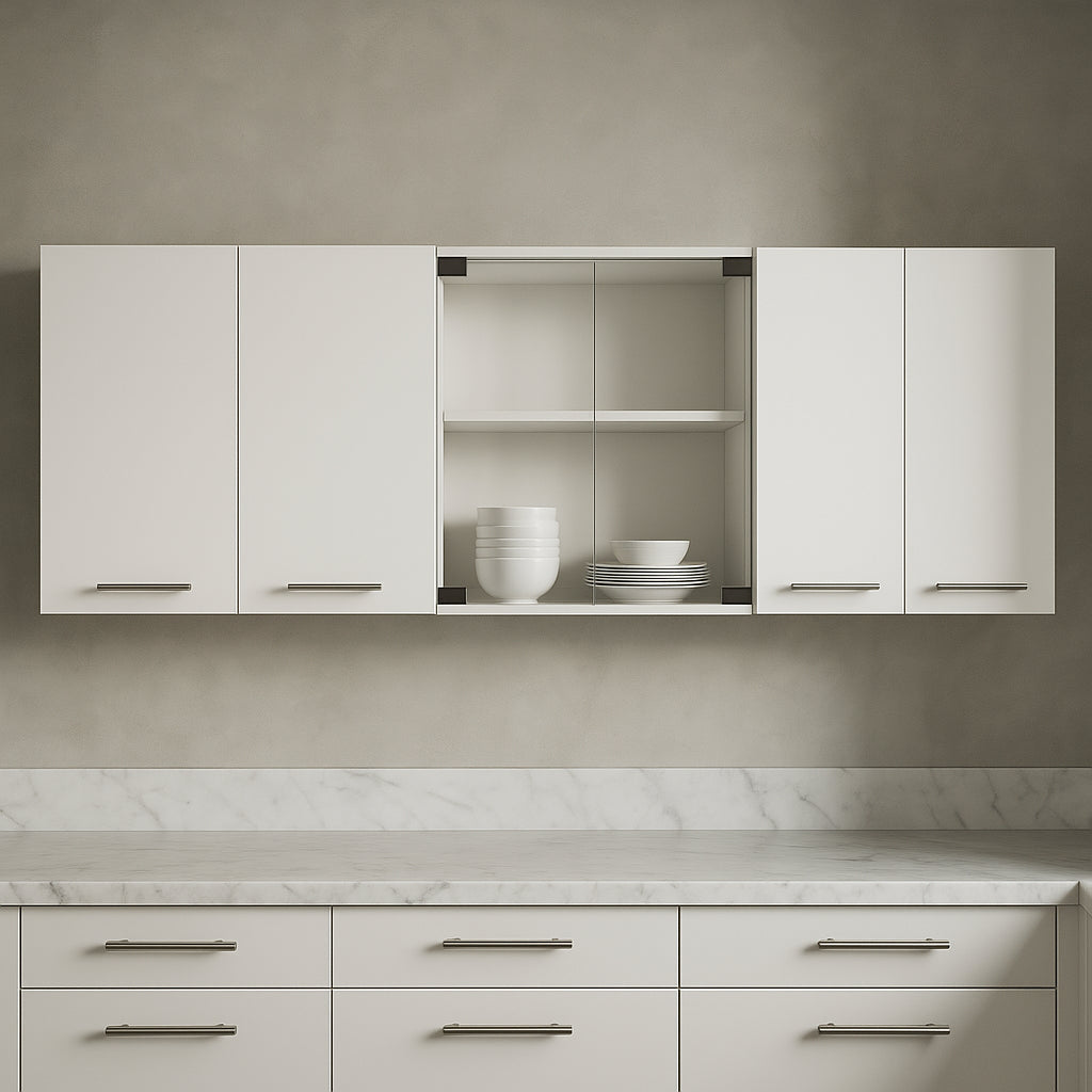 Unbranded White Plywood Kitchen Cabinet with Glass Center - 59-in W x 12.4-in D x 24-in H