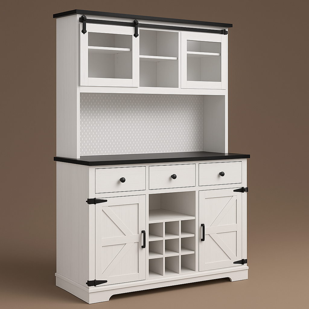 tunuo White Wood Pantry Bar Cabinet with Internal Storage Rack