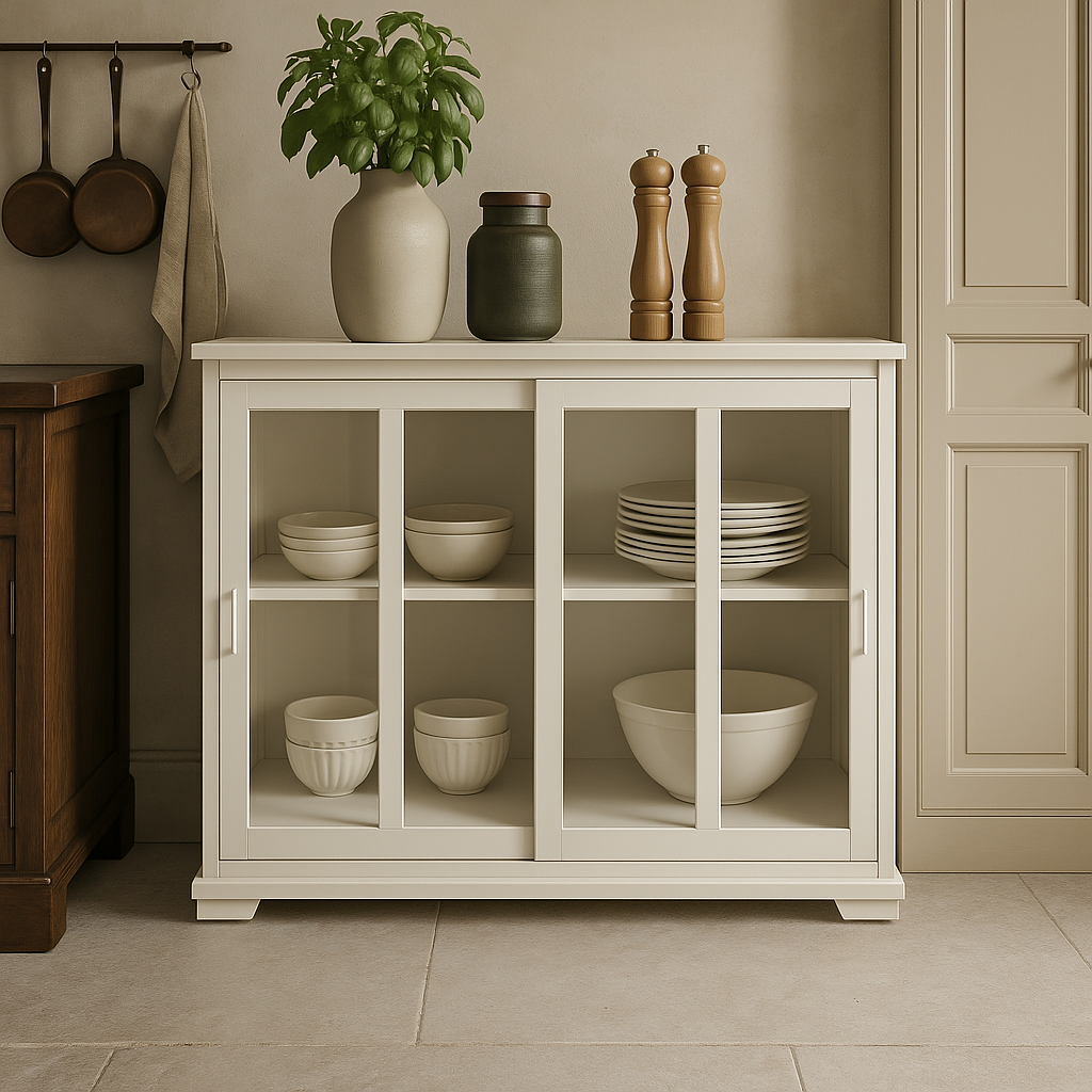 FUNKOL White MDF Sideboard with Glass Doors - Ready to Assemble
