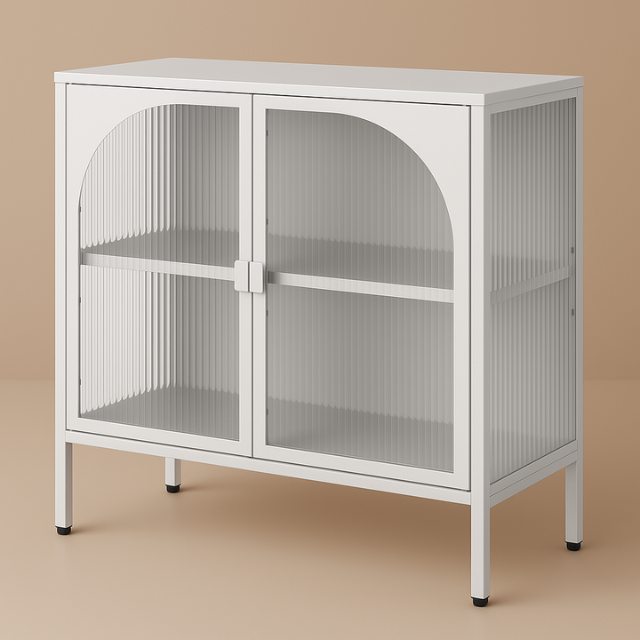 FUNKOL White Metal Storage Cabinet with Glass Doors and Adjustable Shelves