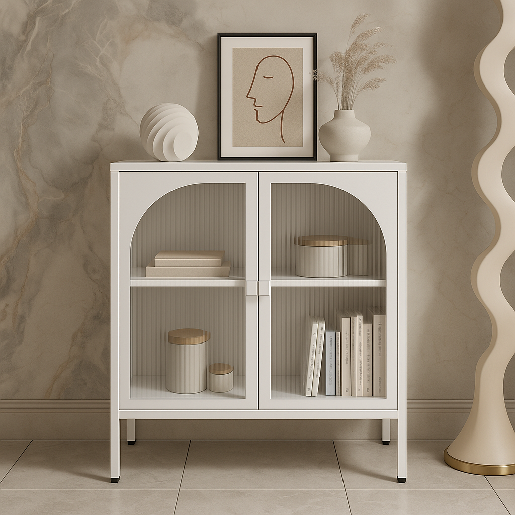 FUNKOL White Metal Storage Cabinet with Glass Doors and Adjustable Shelves