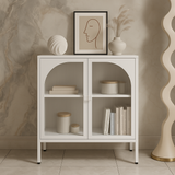 FUNKOL White Metal Storage Cabinet with Glass Doors and Adjustable Shelves