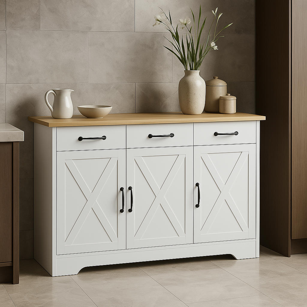 FUNKOL White MDF Kitchen Cabinet with Drawers and Doors
