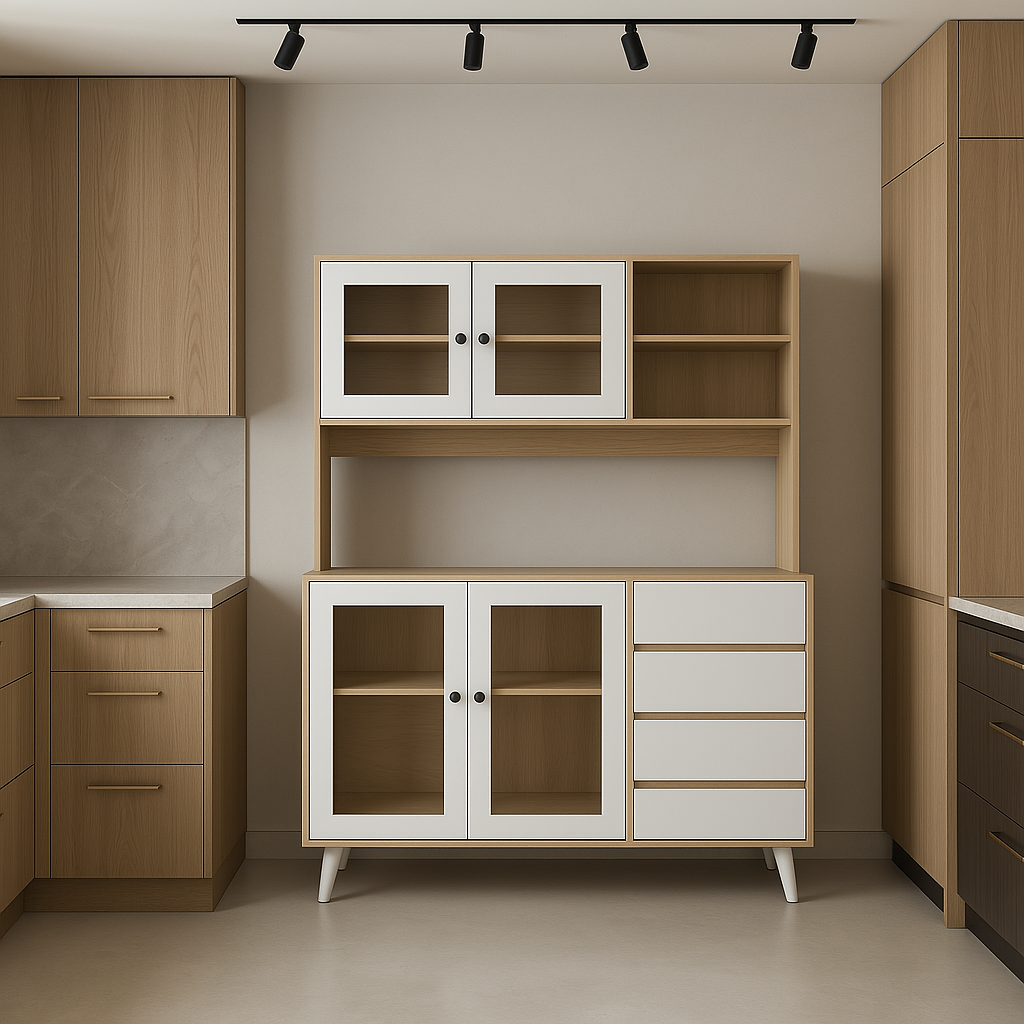 FUFU&GAGA Light Brown Pantry Kitchen Cabinet with Hutch, Glass Doors, 4 Drawers, Hooks