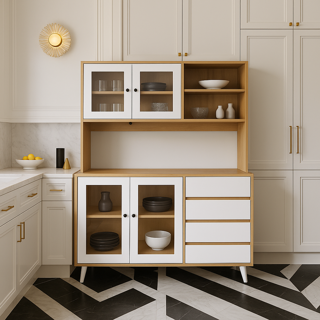 FUFU&GAGA Light Brown Pantry Kitchen Cabinet with Hutch, Glass Doors, 4 Drawers, Hooks