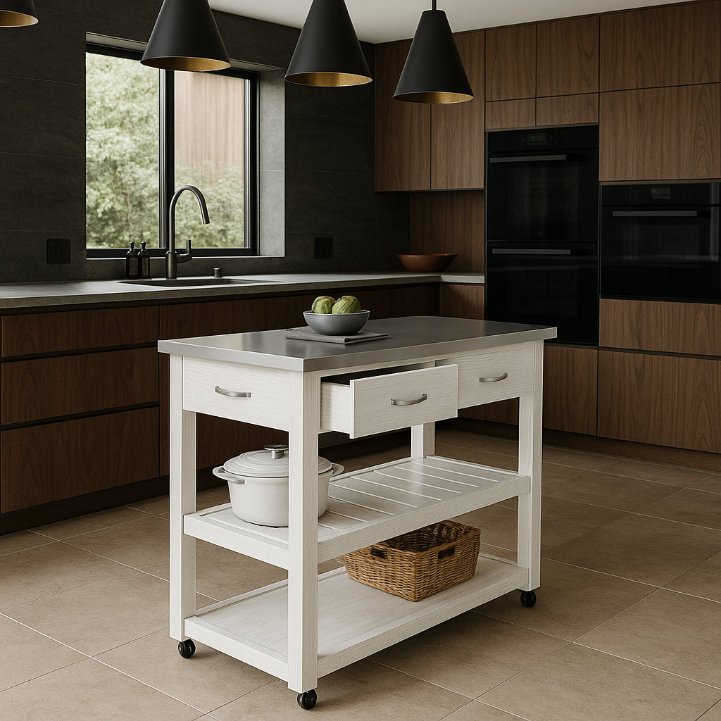 Inval Kitchen Utility Cart with Stainless Steel Top - White
