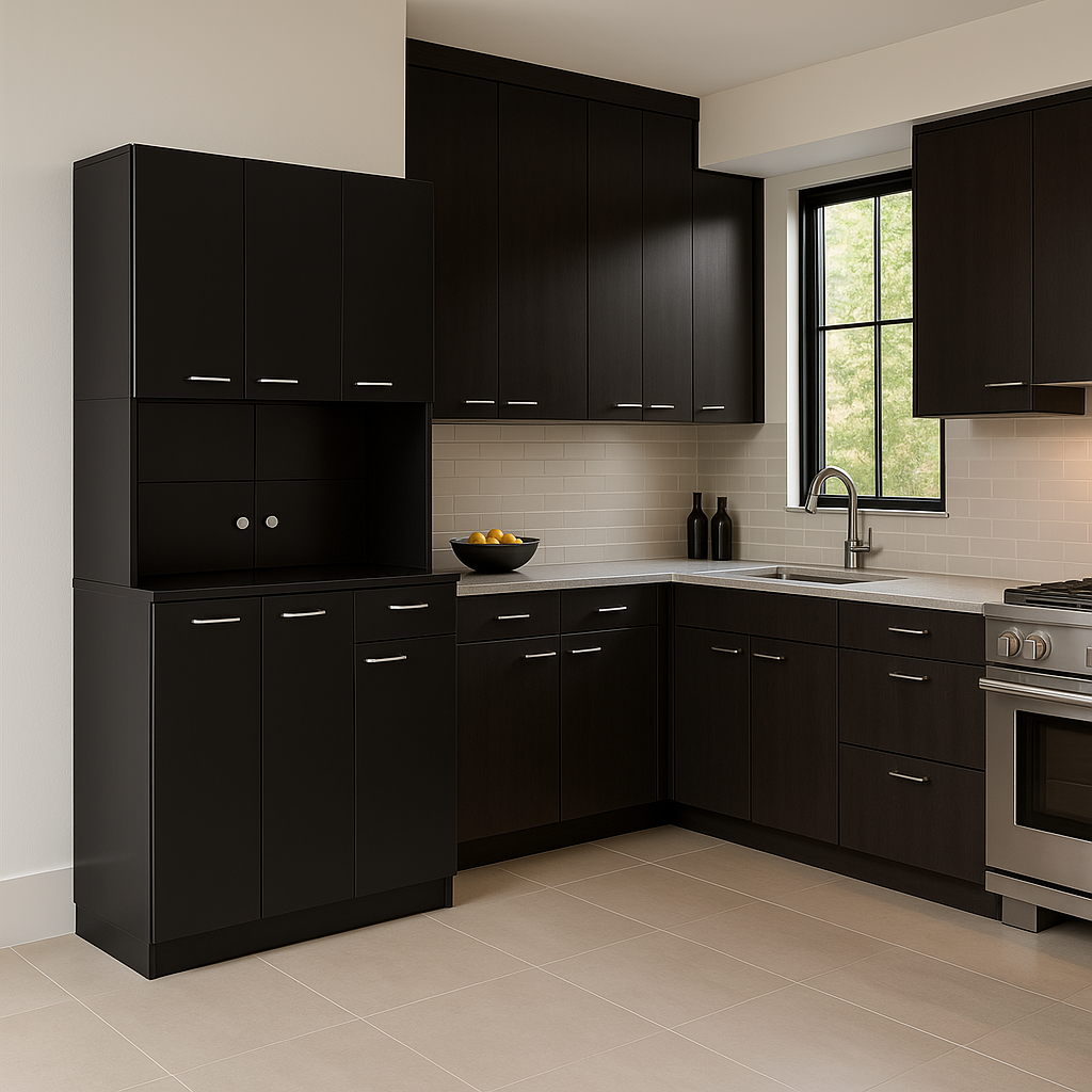 Tileon Black Wood Freestanding Kitchen Cabinet with 6 Doors and 1 Drawer