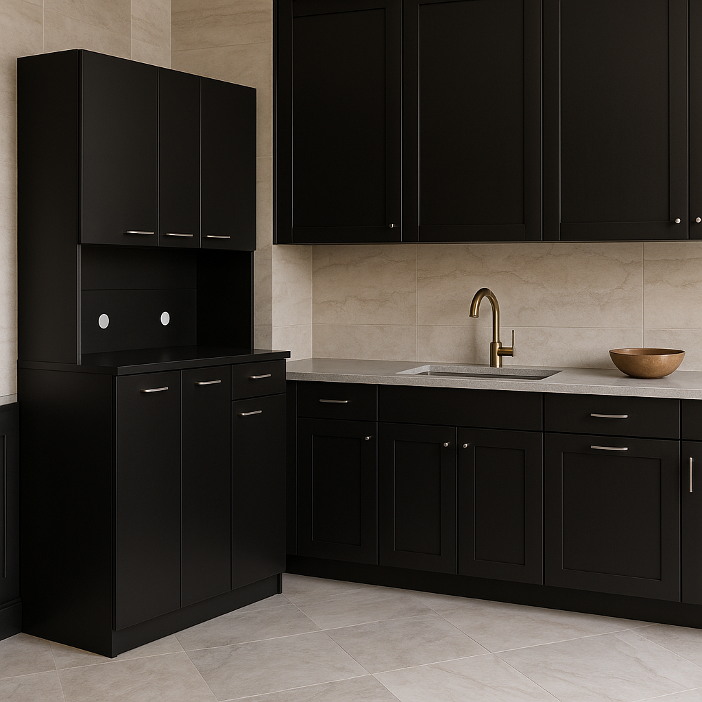 Tileon Black Wood Freestanding Kitchen Cabinet with 6 Doors and 1 Drawer