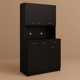 Tileon Black Wood Freestanding Kitchen Cabinet with 6 Doors and 1 Drawer