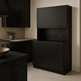 Tileon Black Wood Freestanding Kitchen Cabinet with 6 Doors and 1 Drawer