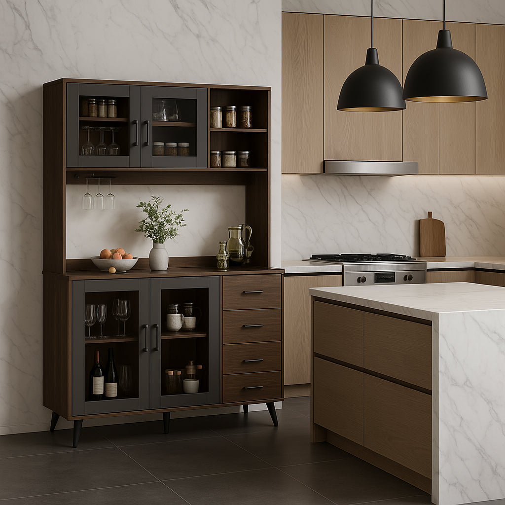 FUFU&GAGA Large Kitchen Pantry Cabinet Buffet with 4-Drawers, Hooks, Open Shelves, and Glass Doors
