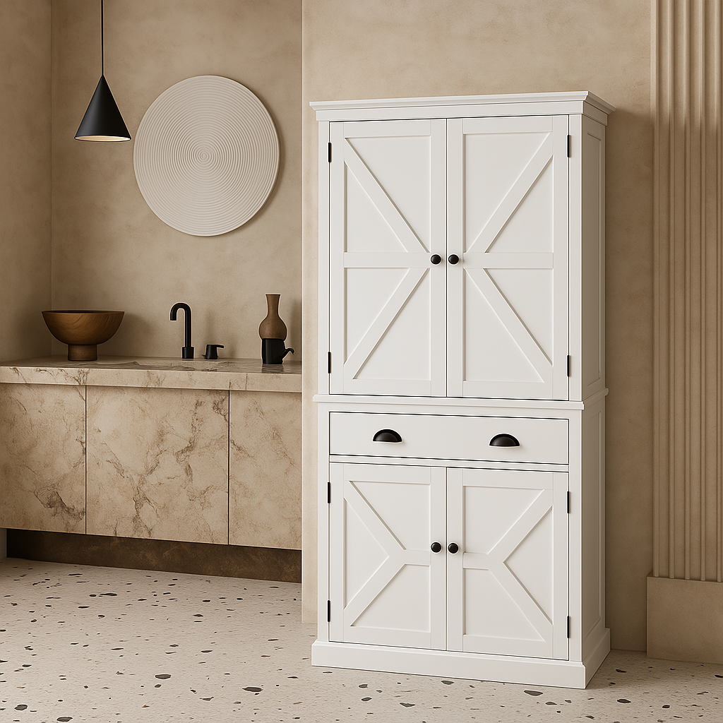 FUNKOL White MDF Kitchen Cabinet with Adjustable Shelves and Drawer