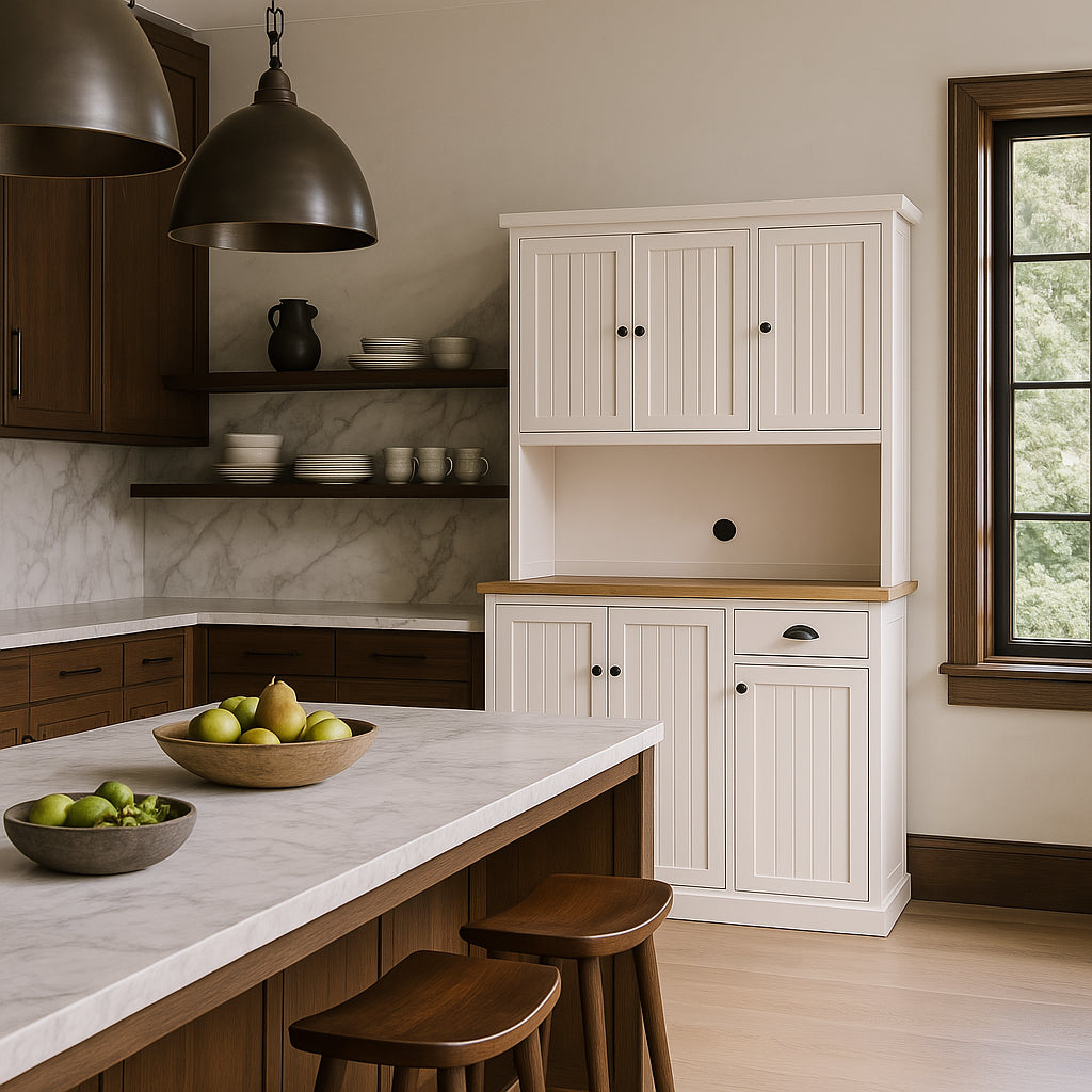 FUNKOL White Kitchen Cabinet with Microwave Countertop, 6 Doors and 1 Drawer