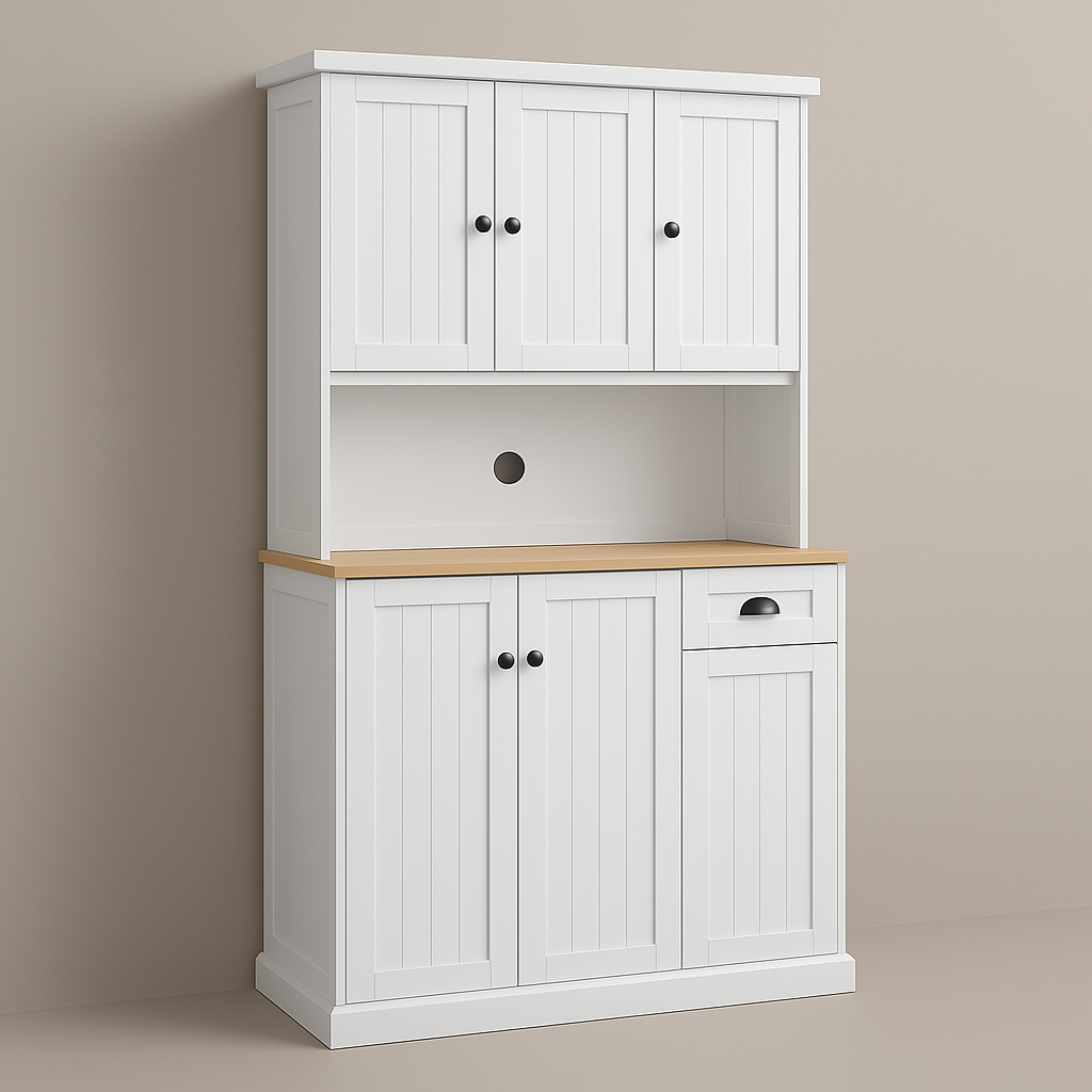 FUNKOL White Kitchen Cabinet with Microwave Countertop, 6 Doors and 1 Drawer