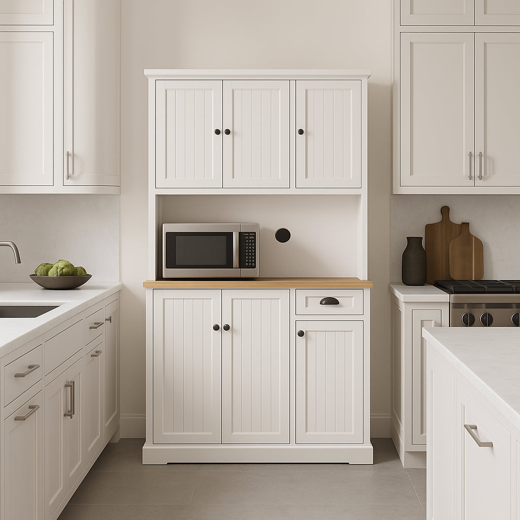 FUNKOL White Kitchen Cabinet with Microwave Countertop, 6 Doors and 1 Drawer
