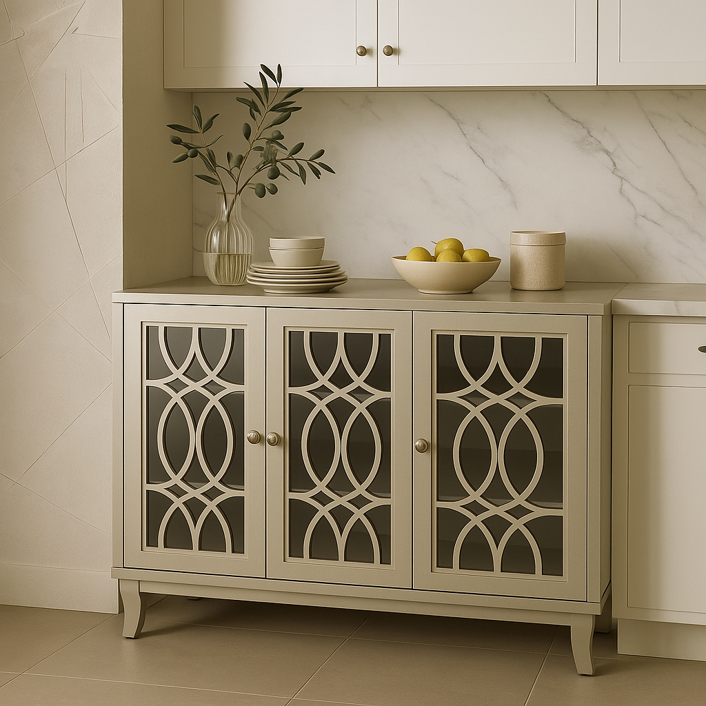 Unbranded Champagne MDF Floor Kitchen Cabinet with Glass Doors - 47.2 in. W x 15.6 in. D x 33.9 in. H