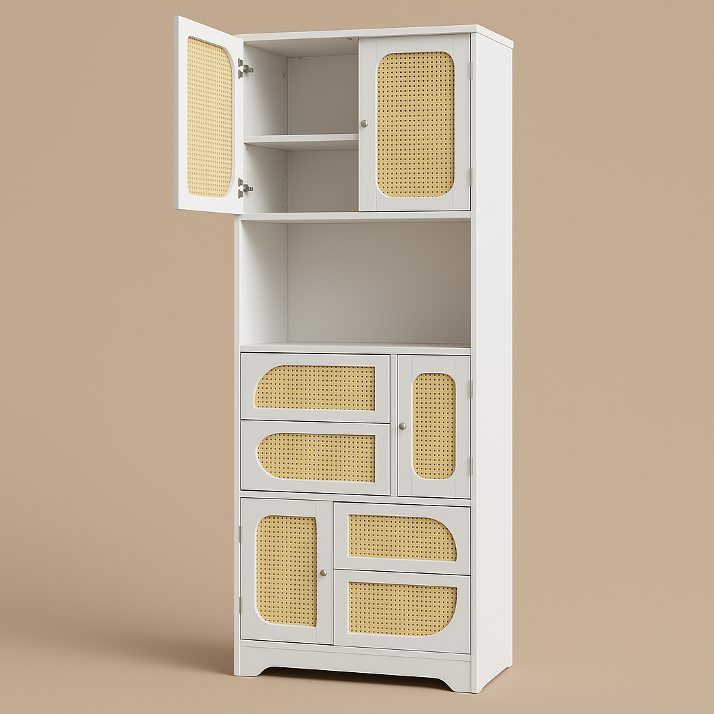 Tatayosi White Storage Cabinet with Rattan Doors, 71" Pantry Hutch Cabinet