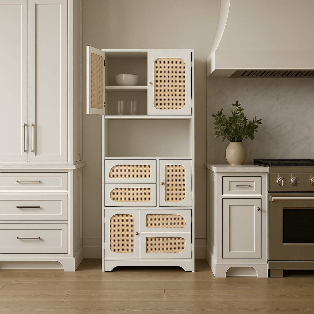 Tatayosi White Storage Cabinet with Rattan Doors, 71" Pantry Hutch Cabinet