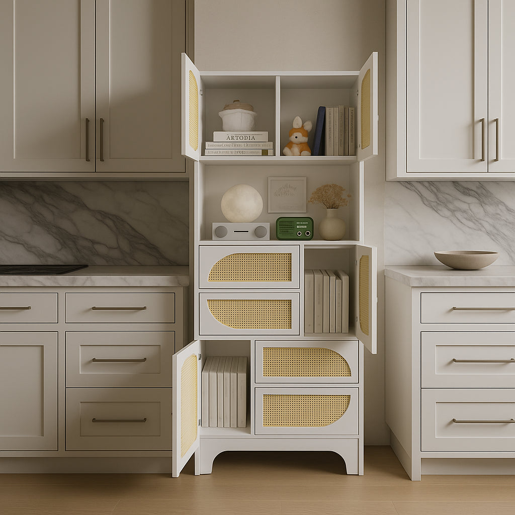 Tatayosi White Storage Cabinet with Rattan Doors, 71" Pantry Hutch Cabinet