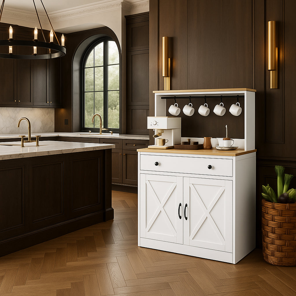 Puluomis White Kitchen Sideboard Pantry with Cup Holders and Storage