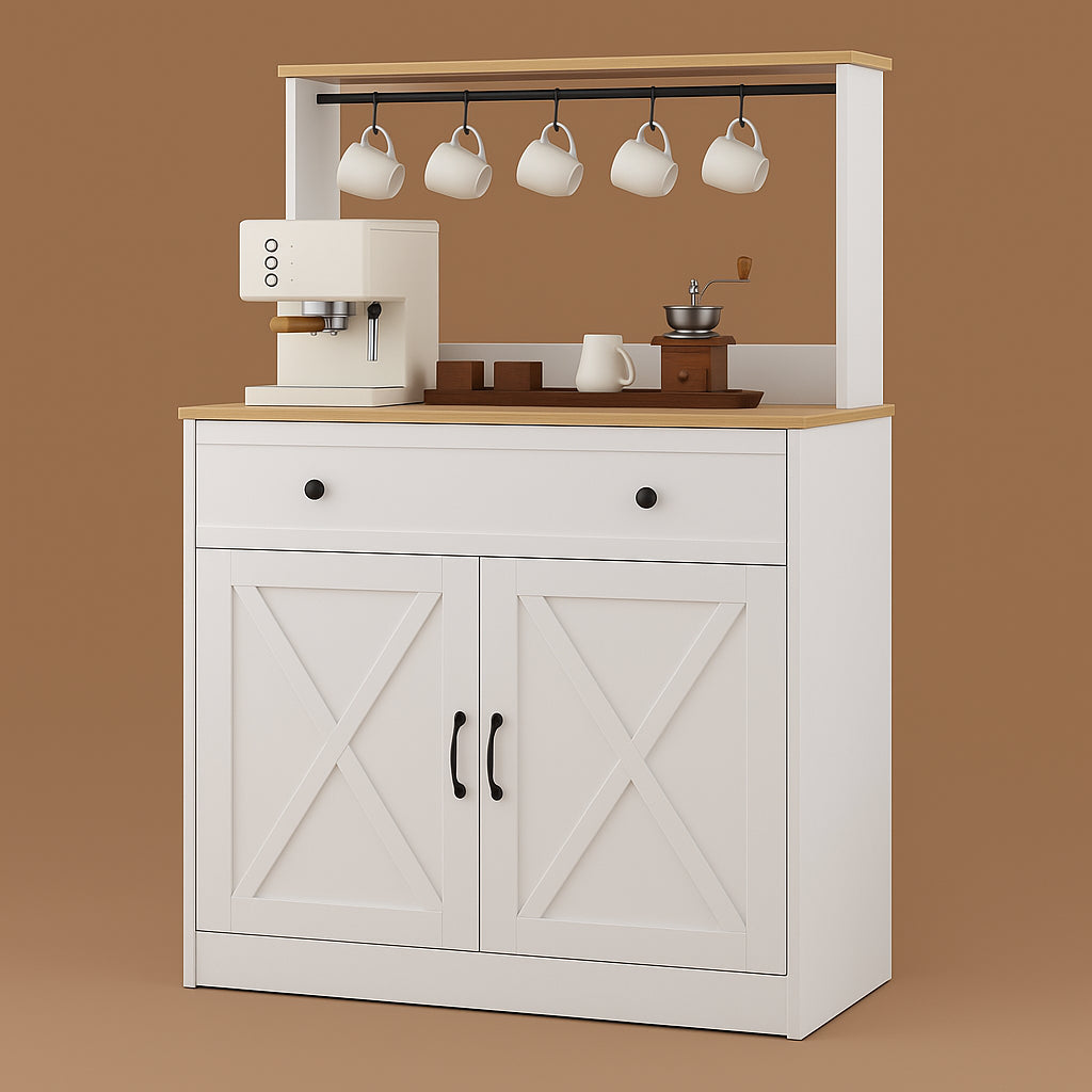 Puluomis White Kitchen Sideboard Pantry with Cup Holders and Storage