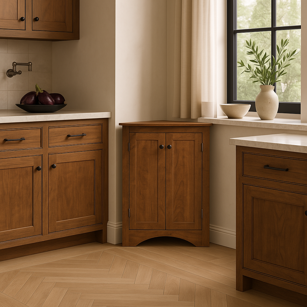 Zeus & Ruta Corner Cabinet with Adjustable Shelves, Brown MDF, 17.2" x 17.2" x 31.5"