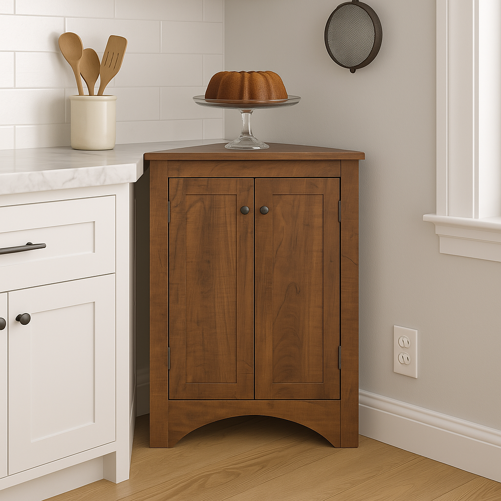 Zeus & Ruta Corner Cabinet with Adjustable Shelves, Brown MDF, 17.2" x 17.2" x 31.5"