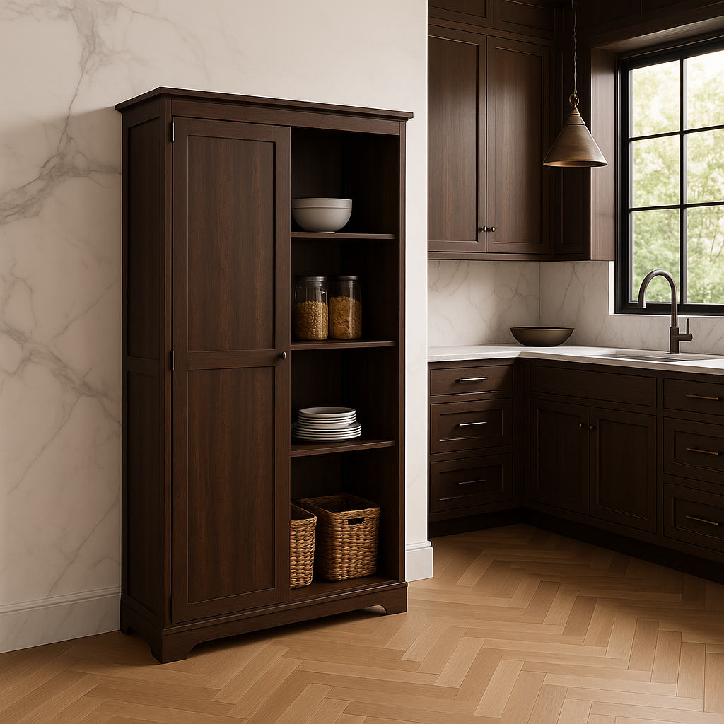 FUNKOL Espresso Vintage MDF Kitchen Cabinet with Barn Door and Shelves