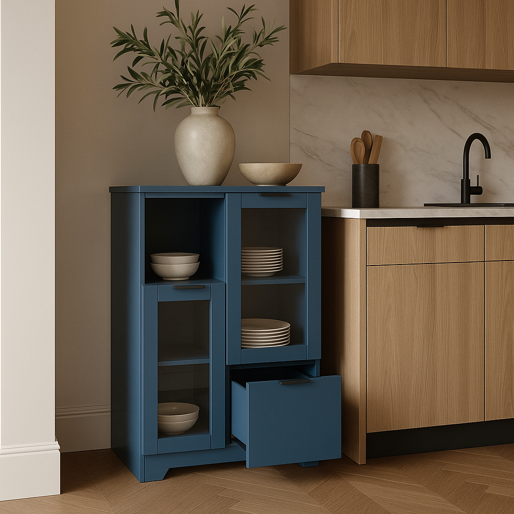 FUNKOL Blue MDF Floor Base Kitchen Cabinet with Glass Doors