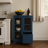 FUNKOL Blue MDF Floor Base Kitchen Cabinet with Glass Doors