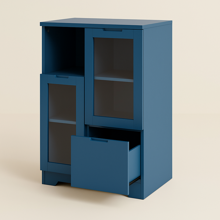 FUNKOL Blue MDF Floor Base Kitchen Cabinet with Glass Doors