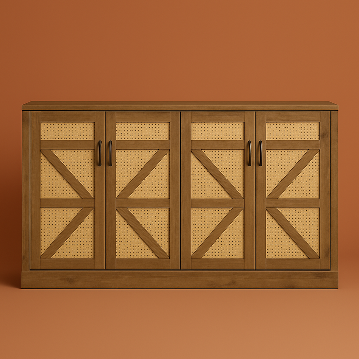 FUNKOL Oak Wooden Faux Rattan Wine Cooler with Adjustable Shelves